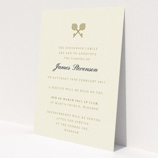 A funeral announcement card design called 'Cross Keys'. It is an A6 card in a portrait orientation. 'Cross Keys' is available as a flat card, with tones of cream and gold.