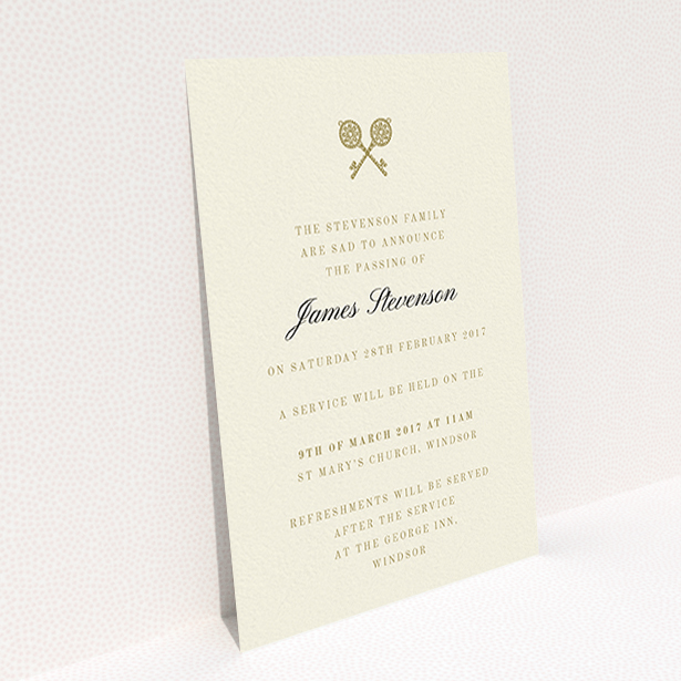 A funeral announcement card design called "Cross Keys". It is an A6 card in a portrait orientation. "Cross Keys" is available as a flat card, with tones of cream and gold.
