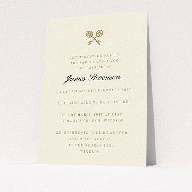 A funeral announcement card design called "Cross Keys". It is an A6 card in a portrait orientation. "Cross Keys" is available as a flat card, with tones of cream and gold.