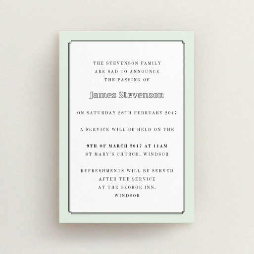 A funeral announcement card named "Decrement". It is an A6 card in a portrait orientation. "Decrement" is available as a flat card, with mainly green colouring.