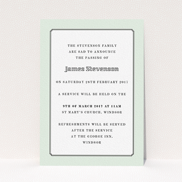 A funeral announcement card named "Decrement". It is an A6 card in a portrait orientation. "Decrement" is available as a flat card, with mainly green colouring.