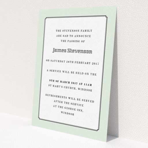 A funeral announcement card named 'Decrement'. It is an A6 card in a portrait orientation. 'Decrement' is available as a flat card, with mainly green colouring.