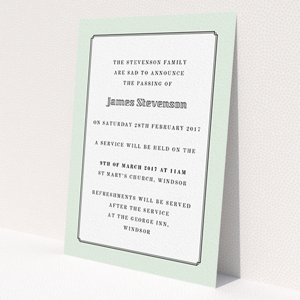 A funeral announcement card named "Decrement". It is an A6 card in a portrait orientation. "Decrement" is available as a flat card, with mainly green colouring.