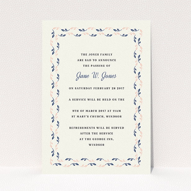 A funeral announcement card design called "Explosion of leaves". It is an A5 card in a portrait orientation. "Explosion of leaves" is available as a flat card, with mainly cream colouring.