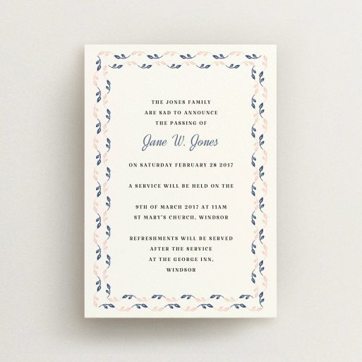 A funeral announcement card template titled "Explosion of leaves". It is an A6 card in a portrait orientation. "Explosion of leaves" is available as a flat card, with mainly cream colouring.
