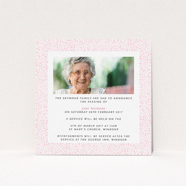 A funeral announcement card called "Floral Remembrance". It is a square (148mm x 148mm) card in a square orientation. It is a photographic funeral announcement card with room for 1 photo. "Floral Remembrance" is available as a flat card, with tones of pink and white.