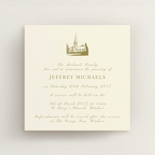 A funeral announcement card design titled "Golden Church". It is a square (148mm x 148mm) card in a square orientation. "Golden Church" is available as a flat card, with tones of cream and gold.