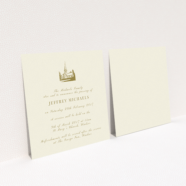 A funeral announcement card design titled "Golden Church". It is a square (148mm x 148mm) card in a square orientation. "Golden Church" is available as a flat card, with tones of cream and gold.