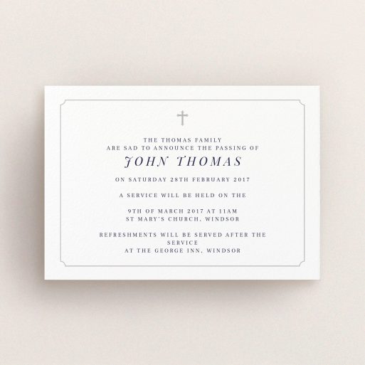 A funeral announcement card design titled "Graceful with cross". It is an A6 card in a landscape orientation. "Graceful with cross" is available as a flat card, with tones of white and grey.
