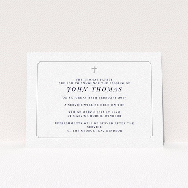 A funeral announcement card design titled "Graceful with cross". It is an A6 card in a landscape orientation. "Graceful with cross" is available as a flat card, with tones of white and grey.