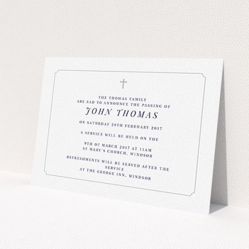 A funeral announcement card design titled 'Graceful with cross'. It is an A6 card in a landscape orientation. 'Graceful with cross' is available as a flat card, with tones of white and grey.