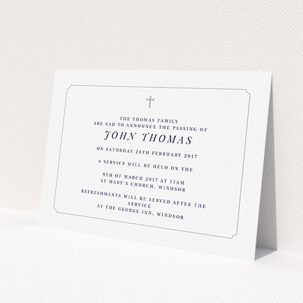 A funeral announcement card design titled "Graceful with cross". It is an A6 card in a landscape orientation. "Graceful with cross" is available as a flat card, with tones of white and grey.