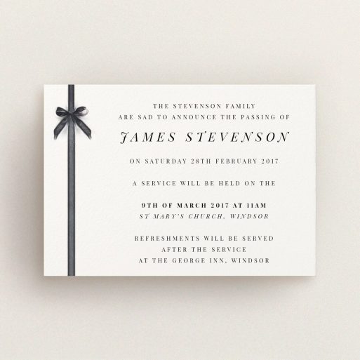 A funeral announcement card named "Gracefully tied". It is an A6 card in a landscape orientation. "Gracefully tied" is available as a flat card, with tones of pale cream and faded black.