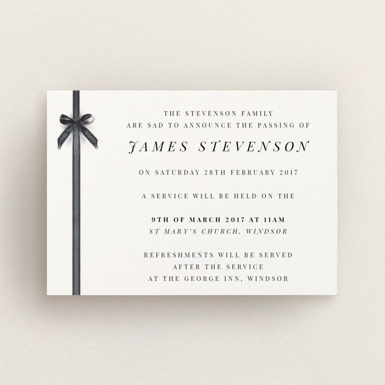 A funeral announcement card named "Gracefully tied". It is an A6 card in a landscape orientation. "Gracefully tied" is available as a flat card, with tones of pale cream and faded black.