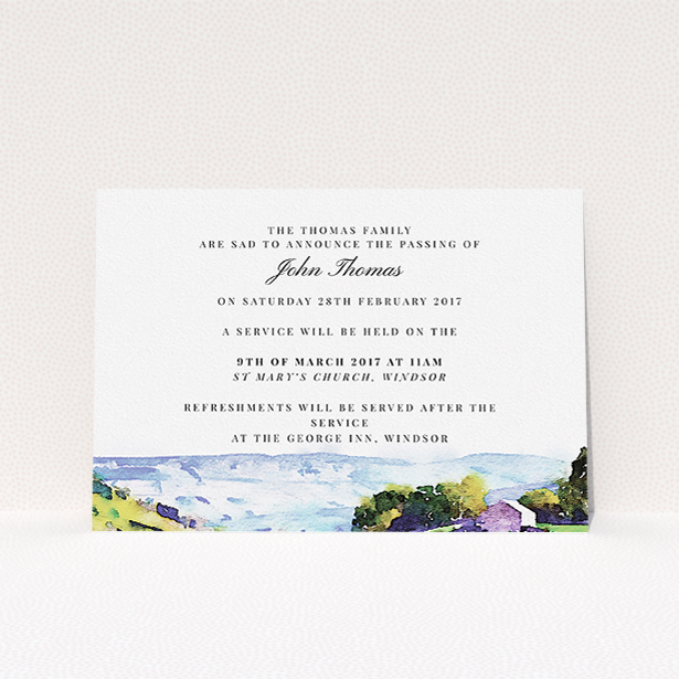 A funeral announcement card design titled "Into the hills". It is an A5 card in a landscape orientation. "Into the hills" is available as a flat card, with tones of white, blue and green.
