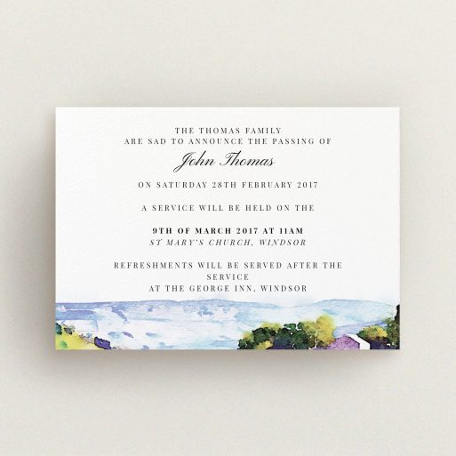 A funeral announcement card called "Into the hills". It is an A6 card in a landscape orientation. "Into the hills" is available as a flat card, with tones of white, blue and green.
