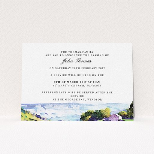 A funeral announcement card called "Into the hills". It is an A6 card in a landscape orientation. "Into the hills" is available as a flat card, with tones of white, blue and green.