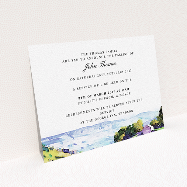 A funeral announcement card called "Into the hills". It is an A6 card in a landscape orientation. "Into the hills" is available as a flat card, with tones of white, blue and green.