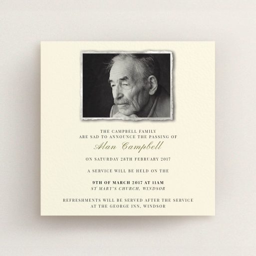 A funeral announcement card named "Lest we forget". It is a square (148mm x 148mm) card in a square orientation. It is a photographic funeral announcement card with room for 1 photo. "Lest we forget" is available as a flat card, with mainly dark cream colouring.