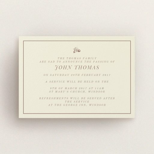 A funeral announcement card design titled "Little acorns". It is an A6 card in a landscape orientation. "Little acorns" is available as a flat card, with mainly dark cream colouring.