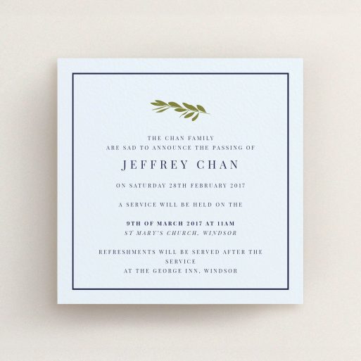 A funeral announcement card design named "Olive stamp green". It is a square (148mm x 148mm) card in a square orientation. "Olive stamp green" is available as a flat card, with mainly white colouring.