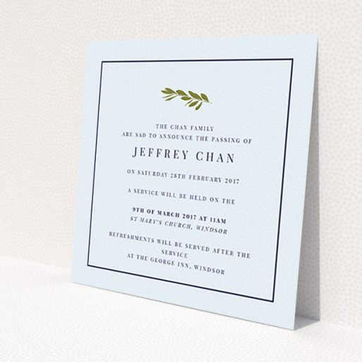 A funeral announcement card design named 'Olive stamp green'. It is a square (148mm x 148mm) card in a square orientation. 'Olive stamp green' is available as a flat card, with mainly white colouring.