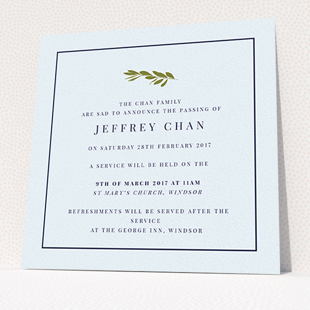 A funeral announcement card design named "Olive stamp green". It is a square (148mm x 148mm) card in a square orientation. "Olive stamp green" is available as a flat card, with mainly white colouring.