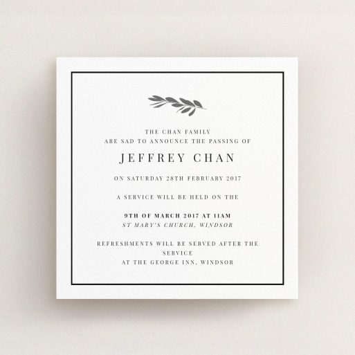 A funeral announcement card design called "Olive stamp". It is a square (148mm x 148mm) card in a square orientation. "Olive stamp" is available as a flat card, with tones of white and black.