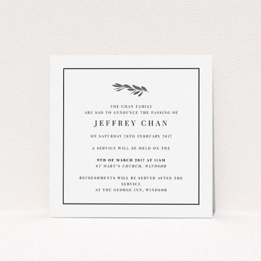 A funeral announcement card design called "Olive stamp". It is a square (148mm x 148mm) card in a square orientation. "Olive stamp" is available as a flat card, with tones of white and black.