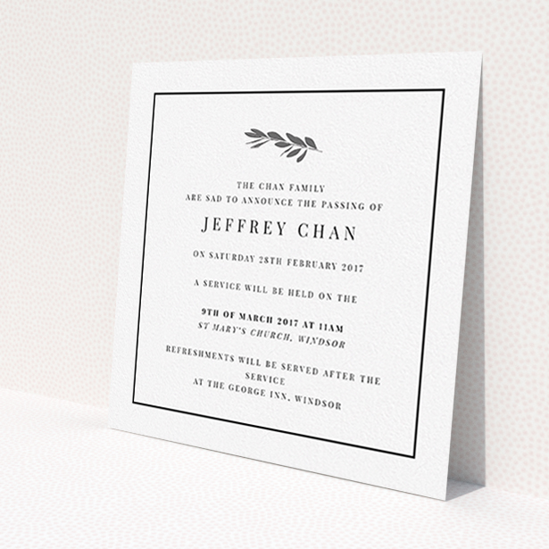 A funeral announcement card design called 'Olive stamp'. It is a square (148mm x 148mm) card in a square orientation. 'Olive stamp' is available as a flat card, with tones of white and black.