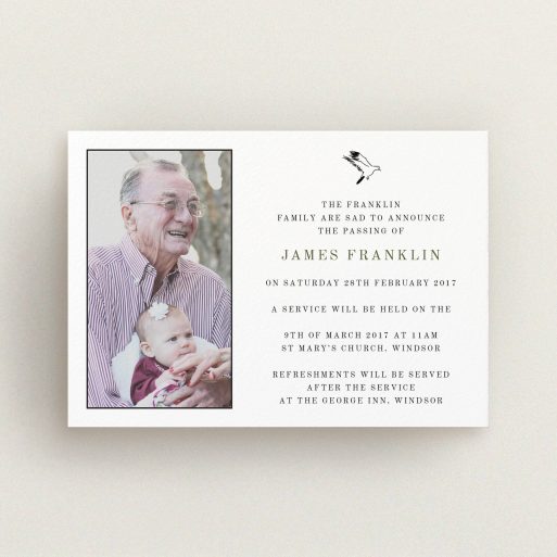 A funeral announcement card called "On the wings of the Dove". It is an A6 card in a landscape orientation. It is a photographic funeral announcement card with room for 1 photo. "On the wings of the Dove" is available as a flat card, with mainly white colouring.
