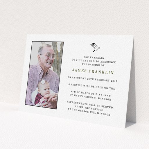 A funeral announcement card called 'On the wings of the Dove'. It is an A6 card in a landscape orientation. It is a photographic funeral announcement card with room for 1 photo. 'On the wings of the Dove' is available as a flat card, with mainly white colouring.