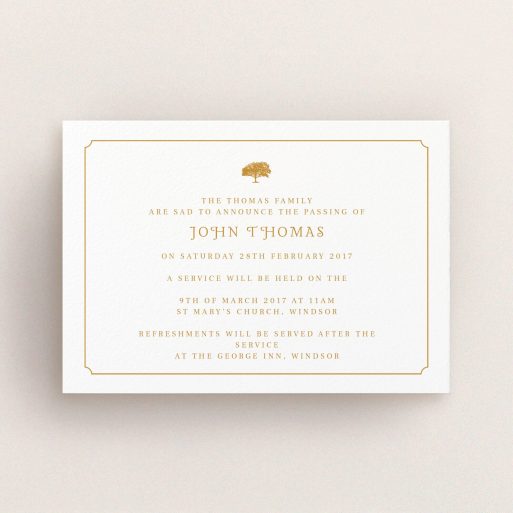 A funeral announcement card named "Orange notched border". It is an A6 card in a landscape orientation. "Orange notched border" is available as a flat card, with tones of white and orange.