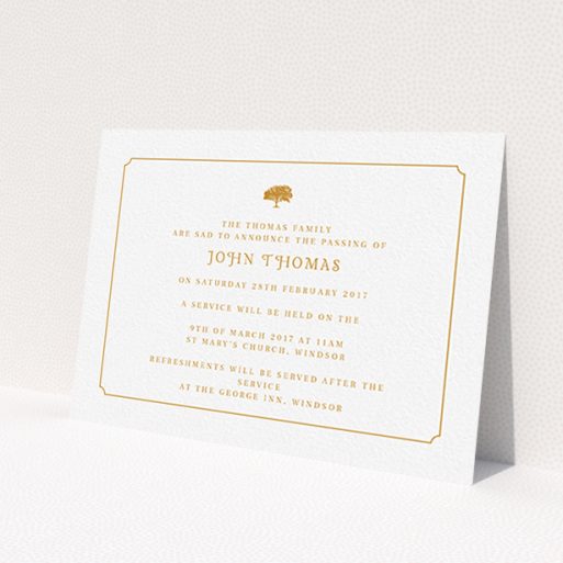 A funeral announcement card named 'Orange notched border'. It is an A6 card in a landscape orientation. 'Orange notched border' is available as a flat card, with tones of white and orange.