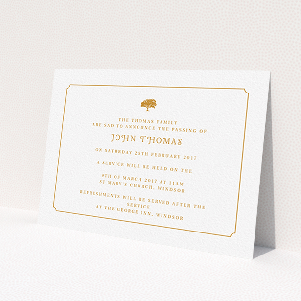 A funeral announcement card named "Orange notched border". It is an A6 card in a landscape orientation. "Orange notched border" is available as a flat card, with tones of white and orange.