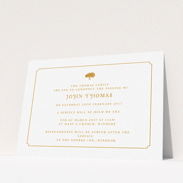 A funeral announcement card named "Orange notched border". It is an A6 card in a landscape orientation. "Orange notched border" is available as a flat card, with tones of white and orange.