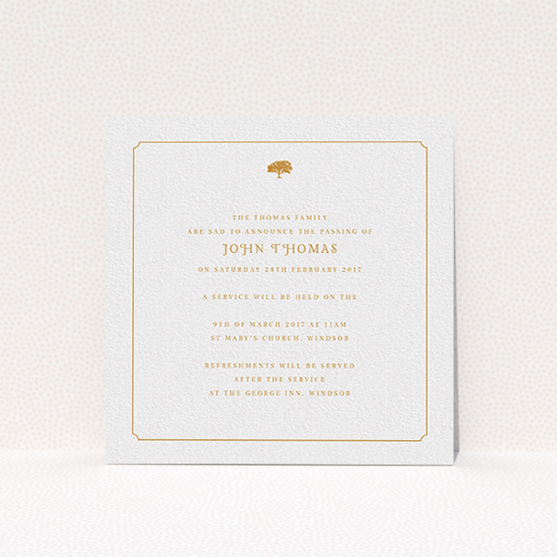 A funeral announcement card design called "Orange notched border". It is a square (148mm x 148mm) card in a square orientation. "Orange notched border" is available as a flat card, with tones of white and orange.