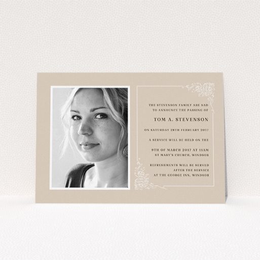 A funeral announcement card template titled "Peach border". It is an A5 card in a landscape orientation. It is a photographic funeral announcement card with room for 1 photo. "Peach border" is available as a flat card, with mainly dark cream colouring.