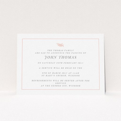 A funeral announcement card design called "Pink olive branch". It is an A5 card in a landscape orientation. "Pink olive branch" is available as a flat card, with tones of white and pink.