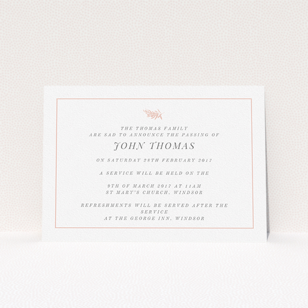 A funeral announcement card design called "Pink olive branch". It is an A5 card in a landscape orientation. "Pink olive branch" is available as a flat card, with tones of white and pink.
