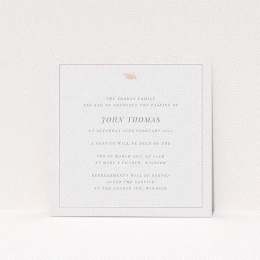 A funeral announcement card design titled "Pink olive branch". It is a square (148mm x 148mm) card in a square orientation. "Pink olive branch" is available as a flat card, with tones of white and pink.