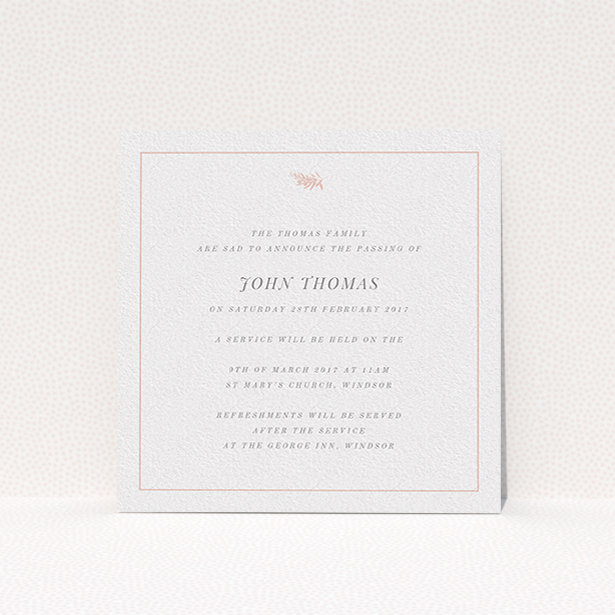 A funeral announcement card design titled "Pink olive branch". It is a square (148mm x 148mm) card in a square orientation. "Pink olive branch" is available as a flat card, with tones of white and pink.