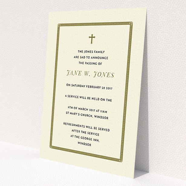 A funeral announcement card called "Ring border". It is an A6 card in a portrait orientation. "Ring border" is available as a flat card, with tones of cream and gold.
