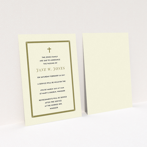 A funeral announcement card called "Ring border". It is an A6 card in a portrait orientation. "Ring border" is available as a flat card, with tones of cream and gold.