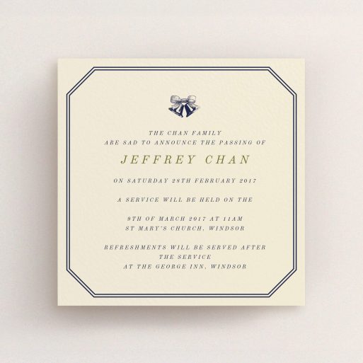 A funeral announcement card template titled "Simple bells". It is a square (148mm x 148mm) card in a square orientation. "Simple bells" is available as a flat card, with mainly dark cream colouring.