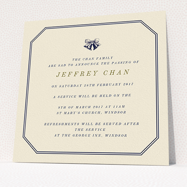 A funeral announcement card template titled "Simple bells". It is a square (148mm x 148mm) card in a square orientation. "Simple bells" is available as a flat card, with mainly dark cream colouring.