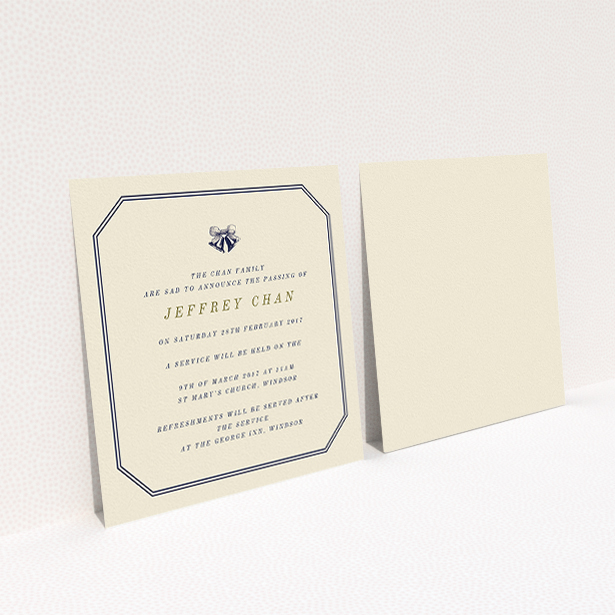 A funeral announcement card template titled "Simple bells". It is a square (148mm x 148mm) card in a square orientation. "Simple bells" is available as a flat card, with mainly dark cream colouring.