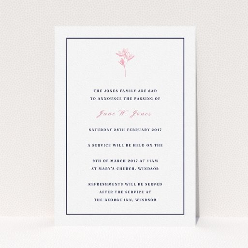 A funeral announcement card design named "Simplistic daisy". It is an A5 card in a portrait orientation. "Simplistic daisy" is available as a flat card, with tones of white and pink.