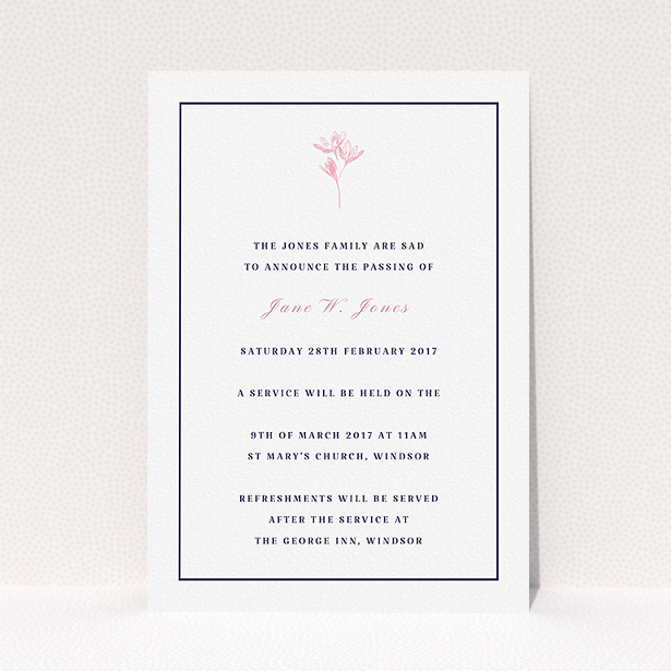 A funeral announcement card design named "Simplistic daisy". It is an A5 card in a portrait orientation. "Simplistic daisy" is available as a flat card, with tones of white and pink.