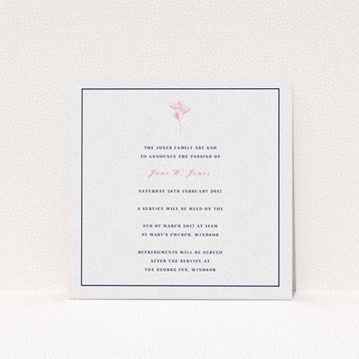 A funeral announcement card design called "Simplistic daisy". It is a square (148mm x 148mm) card in a square orientation. "Simplistic daisy" is available as a flat card, with tones of white and pink.